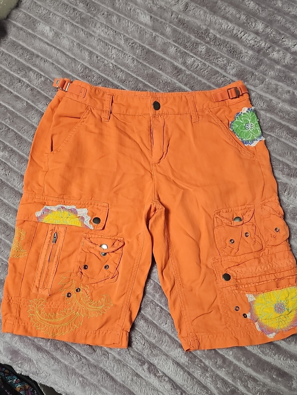 Womens Orange Cargo Shorts with Floral Accents